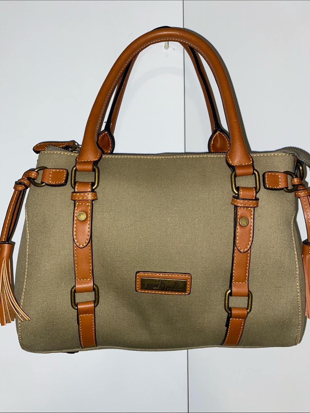 Simply Noelle Olive Canvas Satchel with Tan Trim and Tassel